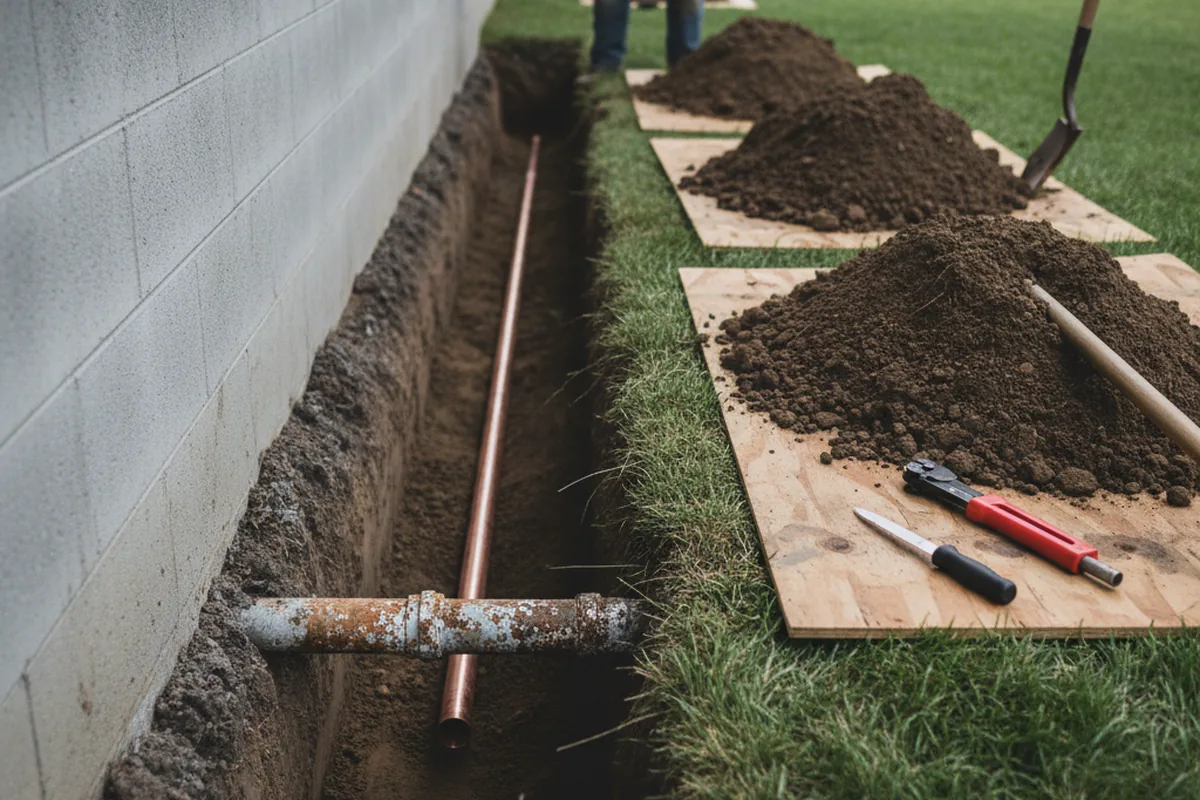 Excavated water line trench during Water Softener Installation in Desoto